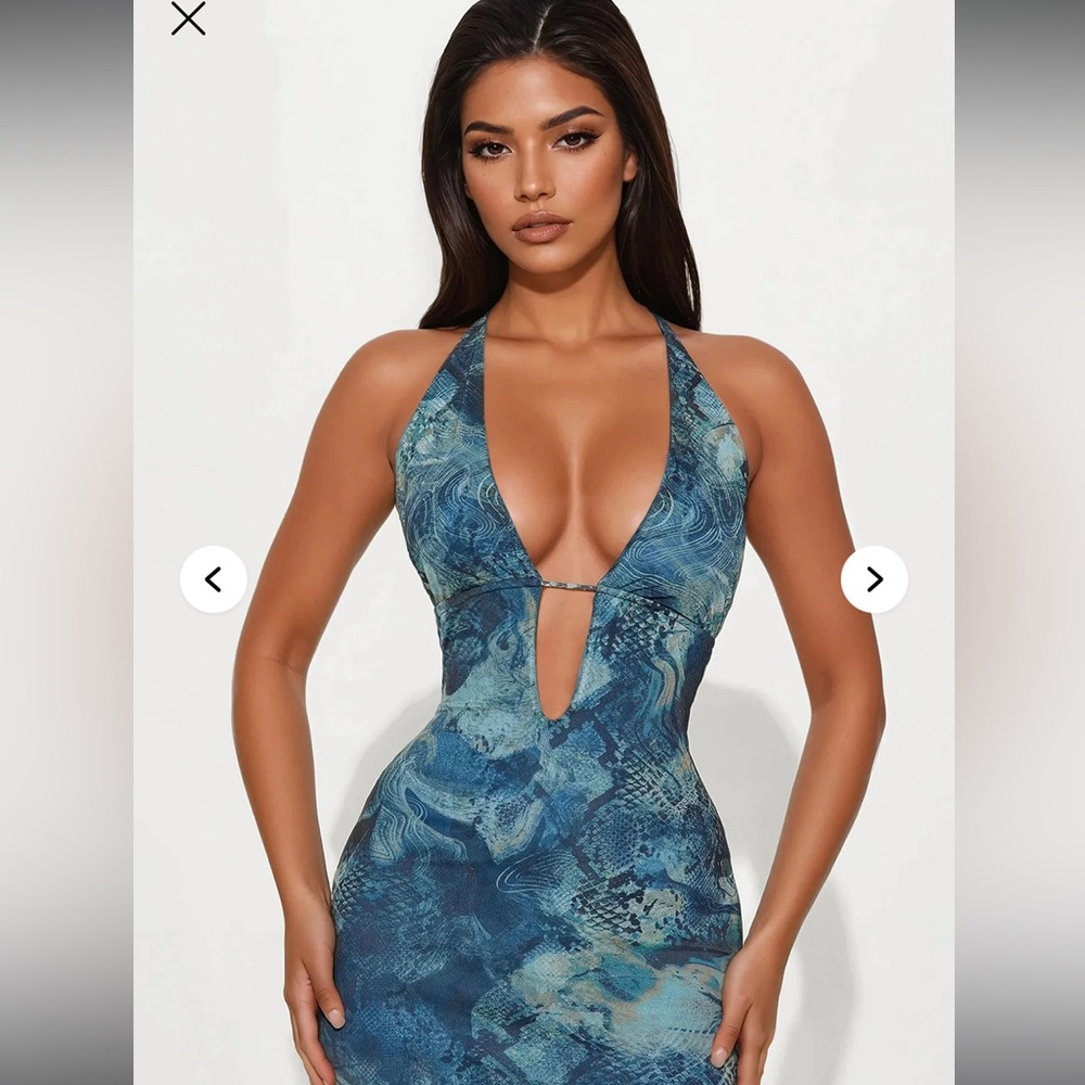 Blue Halter Plunge Dress